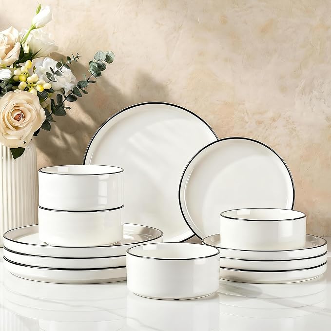 Famiware Porcelain Dinnerware Set, 12-Piece Modern Plate and Bowl Set, Dish Set for 4, Microwave and Dishwasher Safe Tableware, White with Black Trim