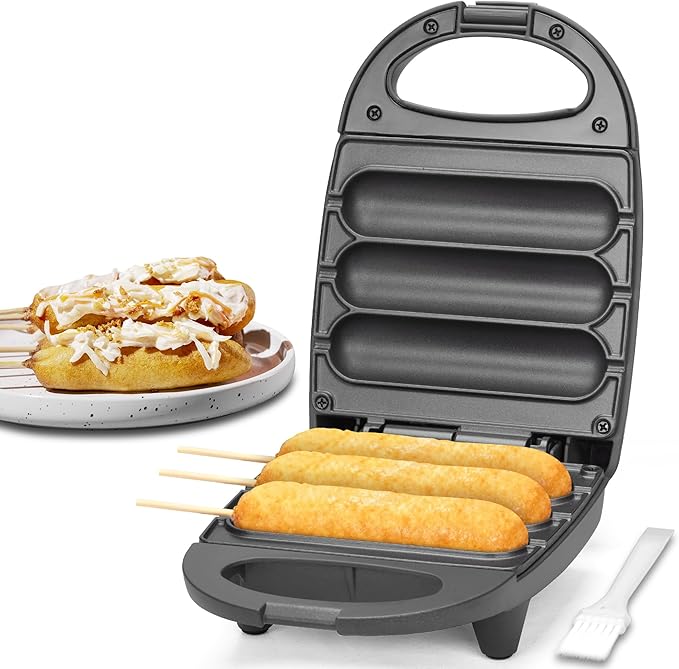 SugarWhisk Electric Corn Dog Maker, Fryer for 3 Mini Corn Dogs on Stick, Cheese Mozzarella Sticks & Treats, Corndog Maker Machine, Hot Dog Machine, Brush Included, Graphite