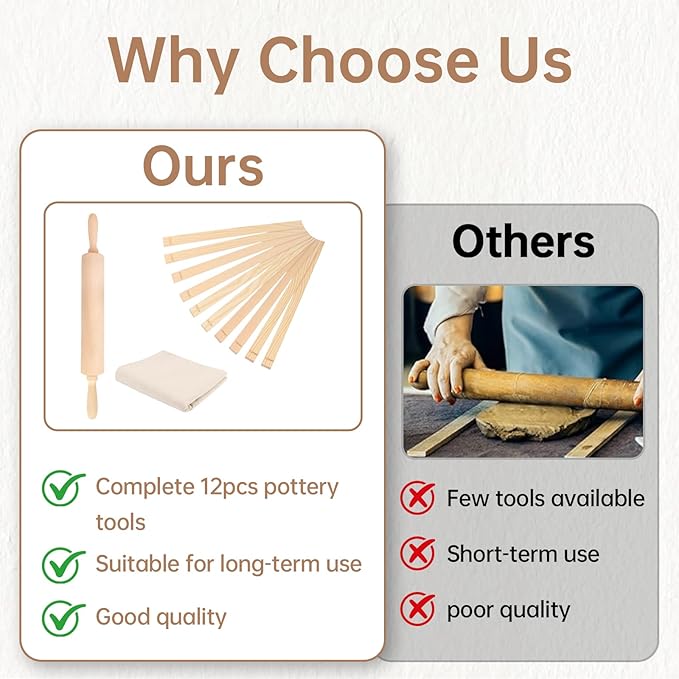 12 Pcs Pottery Tools Include 1 Wood Rolling Pin Sculpting Polymer Clay Tools 1 Portable Pottery Wedging Board/Linen Tablecloth and 10 Pcs 5 Size Teaching Rolling Mud Stick Guide