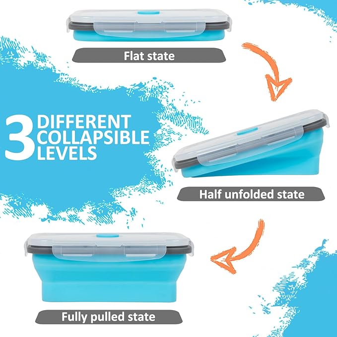 Collapsible Silicone Food Storage Containers Set with Lid & Air Vent,Foldable Lunch Containers(4PCS,Blue,27oz)