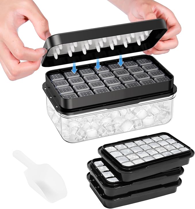 PHINOX Ice Cube Tray with Lid and Bin, 3 Pack Plastic Ice Cube Tray Molds, 84 pcs Ice Trays for freezer, Chilling Drinks, Whiskey & Cocktails, with Ice Container and Ice Scoop, BPA-Free