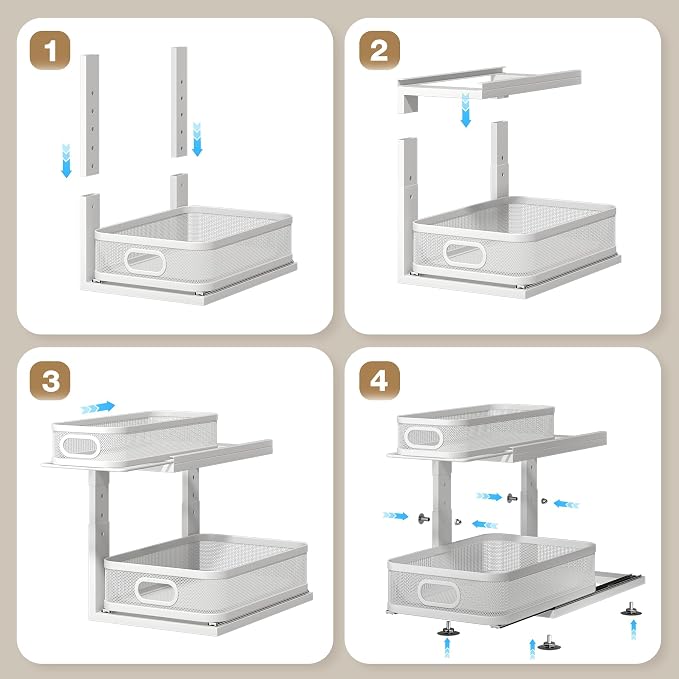 1 Pack 15IN-Depth Under Sink Organizer with Next-Gen Ball-Bearing Slides,2-Tier Precision Mesh Pull Out Cabinet Storage for Bathroom&Kitchen,Height Adjustable Drawers Shelf,Anti-Rust-White