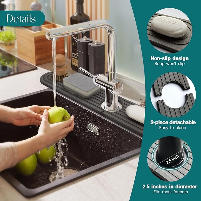 Dreatim Kitchen Faucet Absorbent Mat - Diatomite Stone Sink Tray, Quick Drying, Modern Design - Durable Faucet Drip Mat for Kitchen Sink and Bathroom Counter [17.7" x 3.9", Dark Grey]