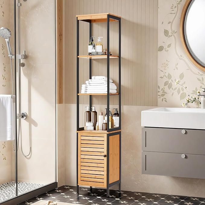 Tall Bamboo Bathroom Cabinet, 5 Tier Floor Shelving Unit with Open Shelves & Cabinet Storage, Premium Moso Bamboo Organizer for Bathroom, Kitchen, or Living Room
