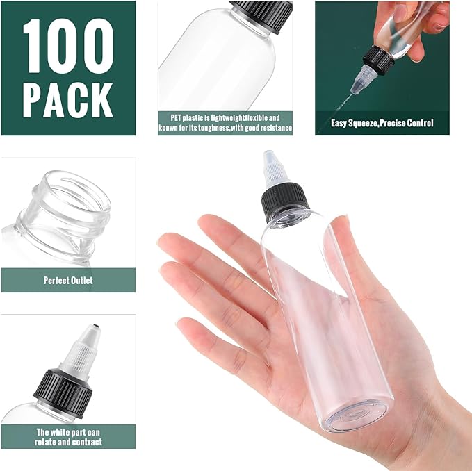 Irenare 150 Pcs 4 oz Plastic Squeeze Bottles Bulk Hair Oil Applicator Bottles Boston Empty Squeeze Condiment Bottle with Twist Top Cap Leak Proof for Liquids Oils Art Crafts Household Kitchen (Clear)