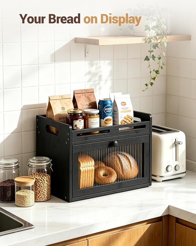 Bread Box for Kitchen Countertop, Bamboo Bread Storage Container with Raised-Rail Top Shelf and Acrylic Window, Farmhouse Breadbox Organizer for Pantry, Fruit, Spices, Black