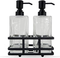 Square Glass Clear Lotion and Soap Pump Dispenser Set with Metal Stand Caddy for Bathroom Bath Kitchen Home Office Travel Hotel Hand Crafted Heavy Weight Matte Black