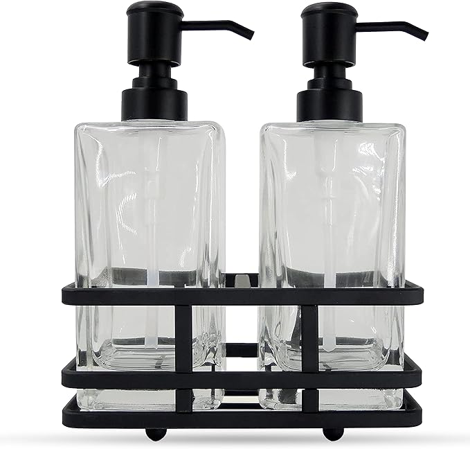 Square Glass Clear Lotion and Soap Pump Dispenser Set with Metal Stand Caddy for Bathroom Bath Kitchen Home Office Travel Hotel Hand Crafted Heavy Weight Matte Black