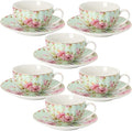 BTaT- Floral Tea Cups and Saucers, Set of 6, 7 oz, Fine Porcelain Teacup Set with Gold Trim for Afternoon Tea, Weddings, Parties & Gifting, Dishwasher Safe and Freezer Safe
