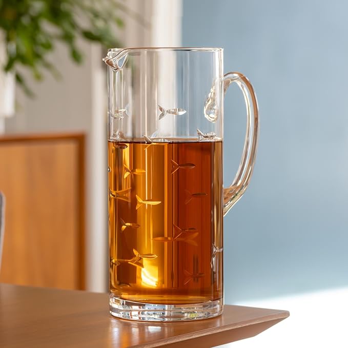 Rolf Glass School of Fish Pitcher | 44oz Glass Pitcher | Diamond Engraved in America | Coastal Fish Design | Lead-Free Glassware