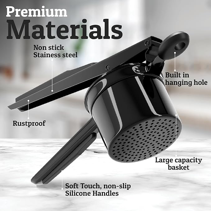 PriorityChef Large 15oz Potato Ricer With 3 Discs, Heavy Duty Stainless Steel Potato Ricer for Mashed Potatoes, Potato Masher, Press and Ricer Kitchen Tool, All Black