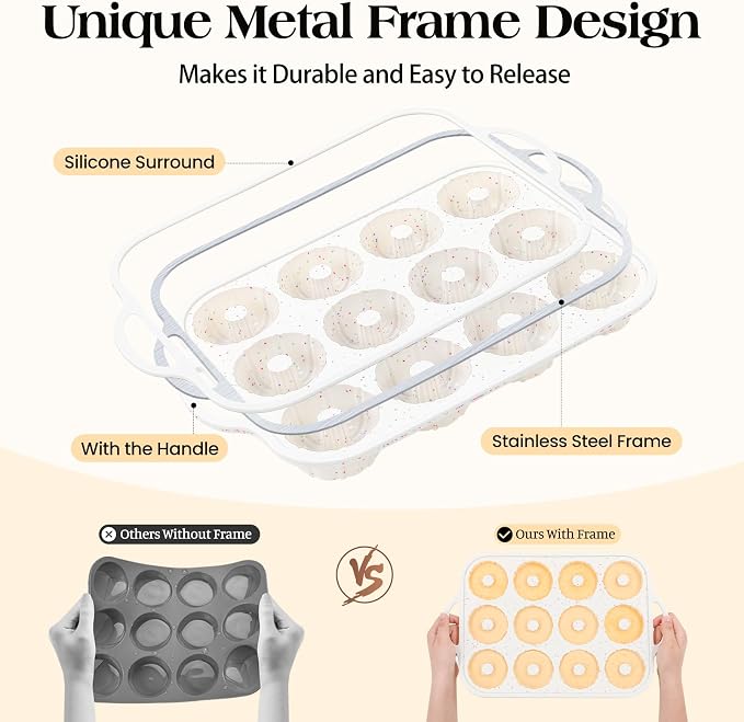 Vinino 3 Inch Silicone Mini Fluted Tube Cake Pan with Metal Reinforced Frame, 12-Cavity Mini Flan Mold, Nonstick Baking Pan for Mini Donuts, Muffins, Brownies, Jellies, 2 Pack