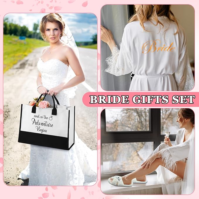 JaGely 9 Pcs Bride to Be Gifts Set Bridal Shower Bachelorette Wedding Gifts with Robe Slippers Tumbler Tote Bag & Bridal Kit