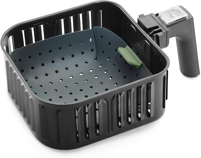 Lékué Air Fryer Liner Mat - Gray - 100% Platinum Silicone Reusable Flat Perforated Baking Tray for Air Frying, Fits in Draw, Flexible Corners, Pull-up Handle for Easy Removal