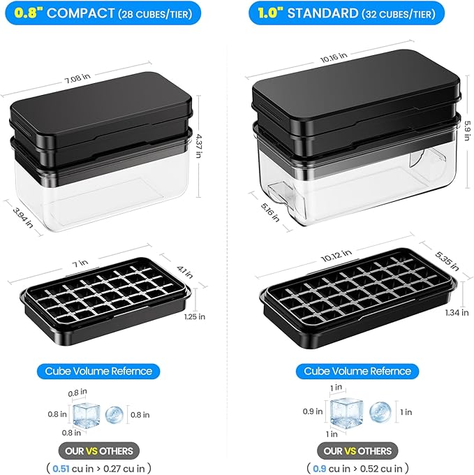 Ice Cube Tray with Lid and Bin, PHINOX 56 pcs Ice Trays for Freezer, Ice Cube Trays for Freezer with 2 trays, Container, Lid & Ice Scoop, BPA Free, Black
