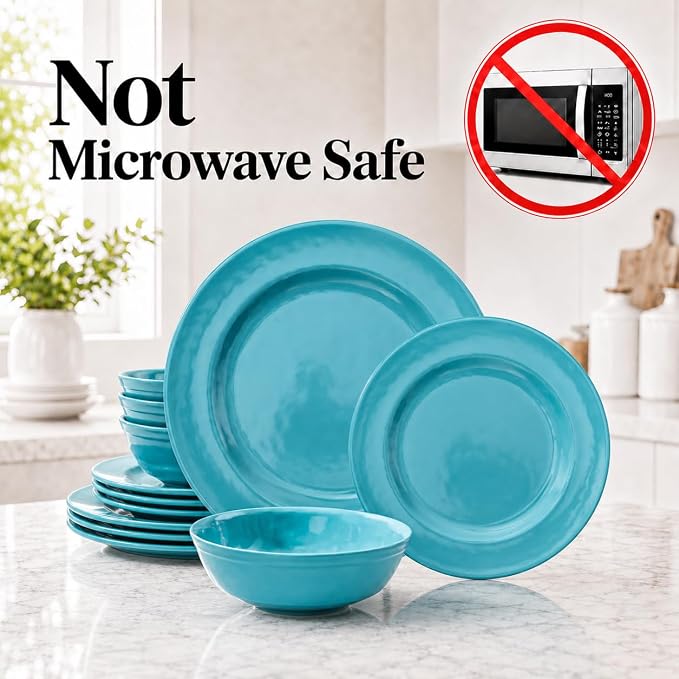 TP 12-Piece Melamine Dinnerware Sets, Plates and Bowls Dishes Set for 4, Break-Resistant & Non-Microwavable, Lightweight Dinner Plates, Teal