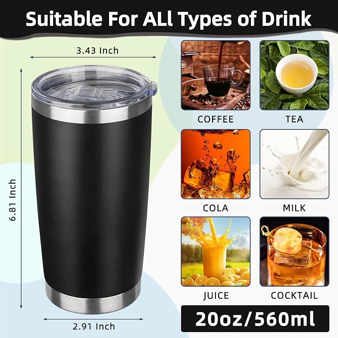20oz Tumbler with Lid Stainless Steel Insulated Tumblers Travel Coffee Tumbler Bulk Double Wall Vacuum Insulated Water Cup Gifts for Christmas Women Men Her Him Home Office(Black, 1pack)