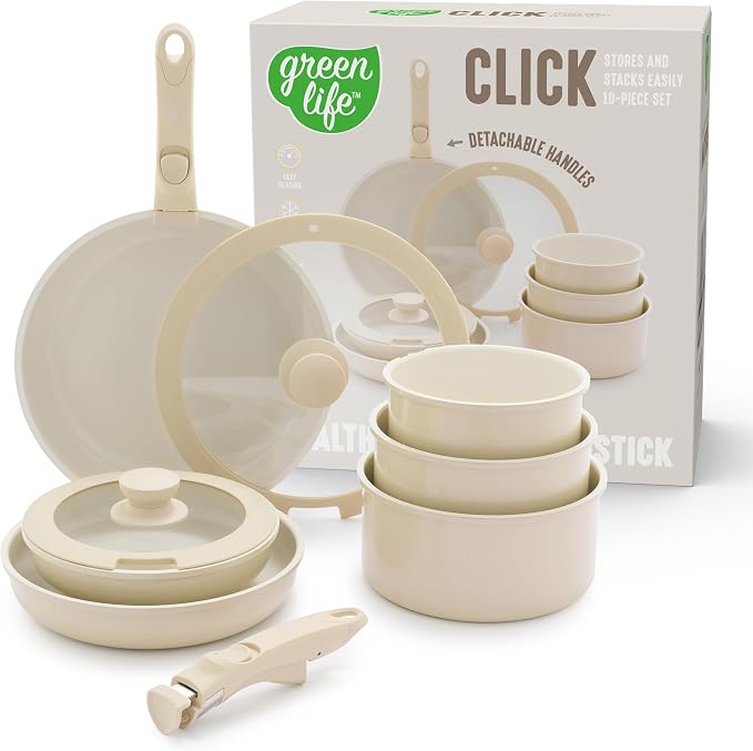 GreenLife 10 Piece Nonstick Pots & Pans Set, Detachable Handle & Stackable Cookware Set, Non Toxic PFAS-Free Skillets, Induction Kitchen Pans, Space Saving, Serving Bowls, Oven Safe, Speckled Cream