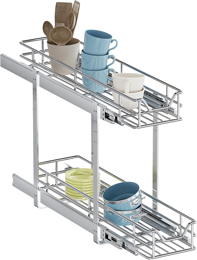 2-Tier Pull Out Cabinet Organizer, 7.5" W x 21.5" D, Heavy Duty Dual Slide Out Shelves for Narrow Base Cabinets, Chrome Wire Basket Drawer for Spices, Bottles & Snacks