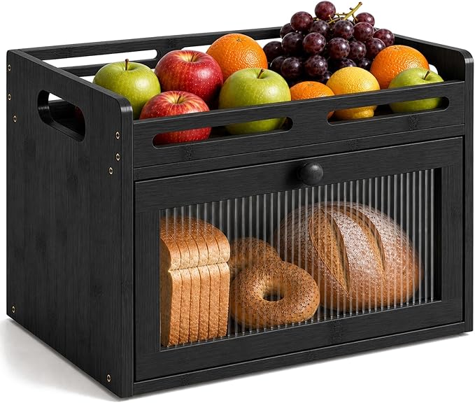 Bread Box for Kitchen Countertop, Bamboo Bread Storage Container with Raised-Rail Top Shelf and Acrylic Window, Farmhouse Breadbox Organizer for Pantry, Fruit, Spices, Black