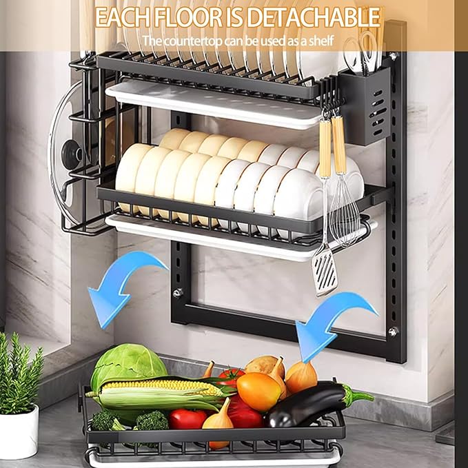 Wall Mounted Dish Drying Rack,Large Dish Drainer Drying Rack for Kitchen Counter,Multi-Level Kitchen Organizer with Drainboard Double-Layer Model(Black,2 Tier 42cm)