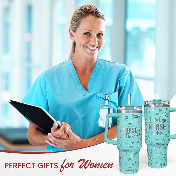 SANDJEST Nurse Gifts for Women, Nurse Tumbler with Handle 40oz Stainless Steel Coffee Cup with Straw Lid, Nursing Gift for Female Nurses, Appreciation Gift for Graduation Christmas Birthday