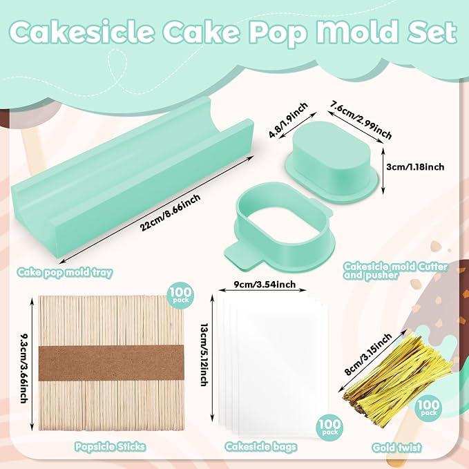 3 Inch Cakesicle Cutter and Cake Pop Mold Set with 8.7in Tray, 100 Wooden Sticks & 100 Bags, Silicone Cakesicle Mold for Homemade Cake Pops, Baking, Birthdays and Party Desserts (Turquoise)
