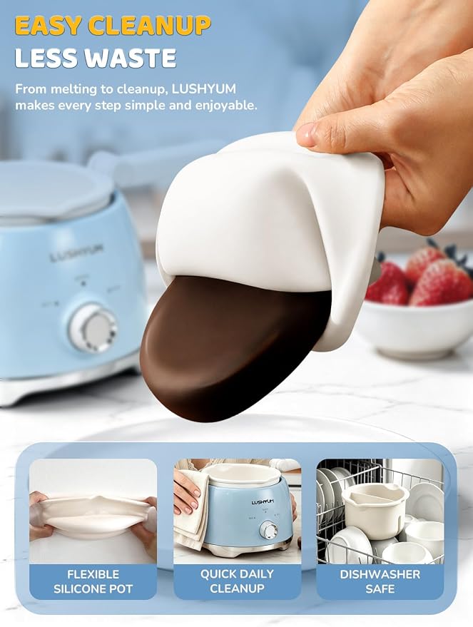 LUSHYUM Electric Chocolate Melting Pot with 2 Insert Pots, 4-Cup Chocolate | Even Heating & Fast Melting, BPA-Free Silicone, Easy Clean, Less Waste, Ideal for Chocolate & Candy Melts, Parties, Fondue
