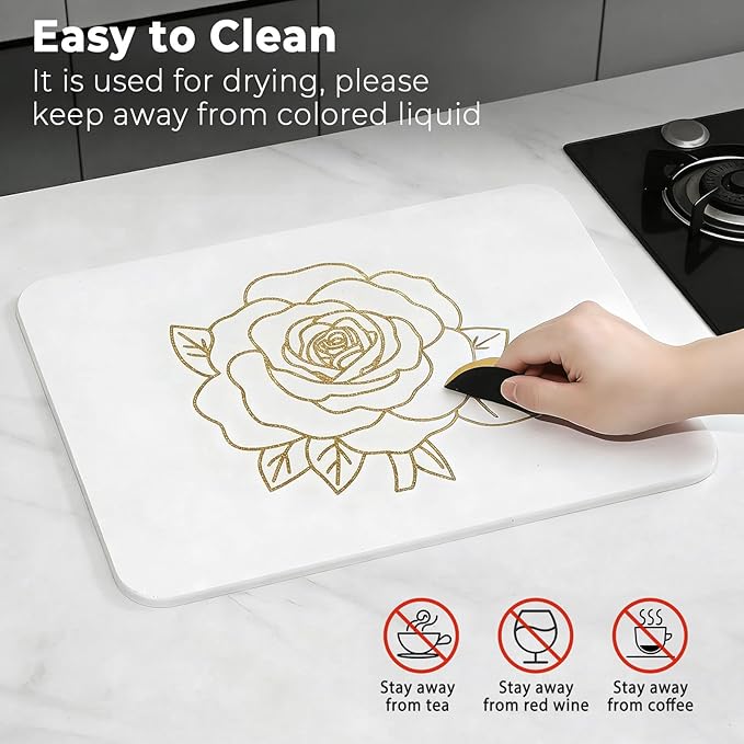 Stone Dish Drying Mat for Kitchen Counter, Glittery Resin Rose Pattern Quick Drying Mat, Water Absorbing Diatomaceous Pad for Plate Bottle Utensil Rack,Space Saving (Gold & White, 16"×12")