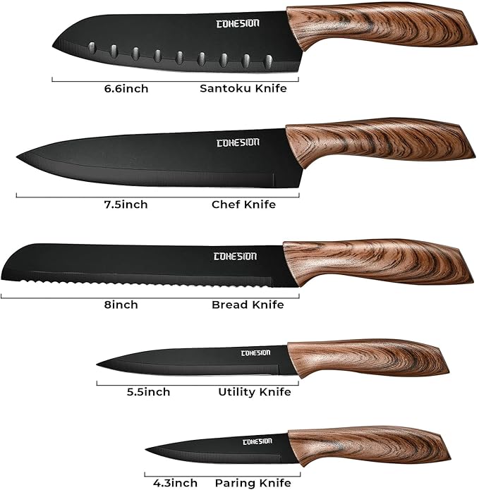 Cohesion 5 PCS Kitchen Knife Set with Magnetic Knife Holder for Wall, Ultra Sharp Chef Boxed Knife Set With Sheathes for Multipurpose Cooking with Ergonomic Handle