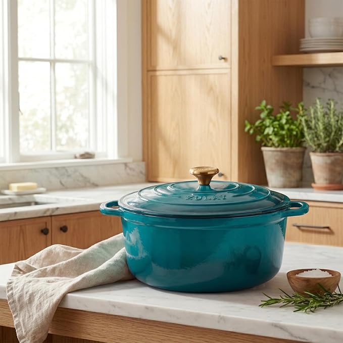 Zulay Kitchen 5 Quart Enameled Cast Iron Dutch Oven Pot with Lid – Premium Durability & Oven Safe up to 500°F – Heavy Duty Cookware Perfect for Bread Baking, Stews, Braising & Roasting – Emerald