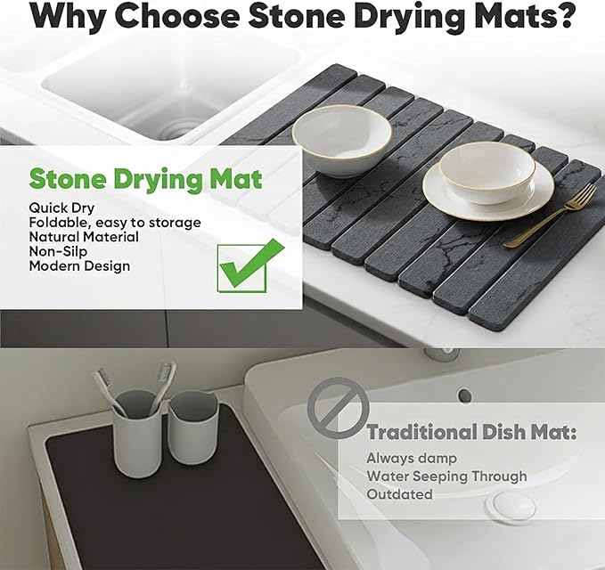 Stone Drying Mat for Kitchen Counter, Quick Diatomaceous Earth Mats for Dishes, 23.6"L x 15.7" W Super Absorbent Fast-Drying Collapsible Countertop Stone Mat (Marble Grey, 24" x 16")