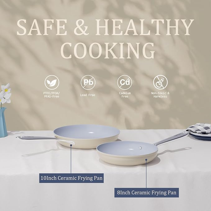 Healthy Ceramic Nonstick Cookware Set-11″ 4.5qt Non-Toxic Ceramic Sauté Pan w/ Lid & 10″ Nonstick Ceramic Frying Skillet, PTFE/PFOA/PFAS Free, Oven & Dishwasher Safe, All Cooktops Compatible, Even Hea