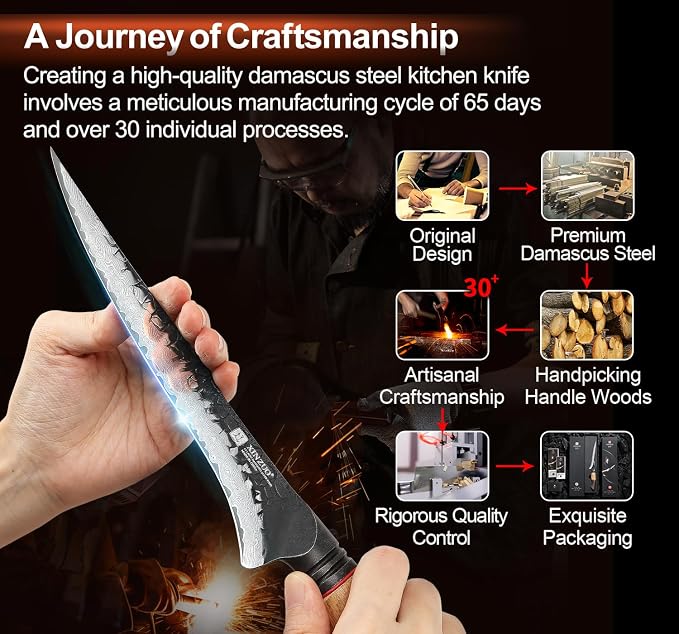XINZUO 7.5 Inch Fillet Knife For Fish,Damascus Super Steel Boning Knife For Meat Chicken Cutting, Professional Sharp Kitchen Fishing Fillet Knife With Ergonomic Handle