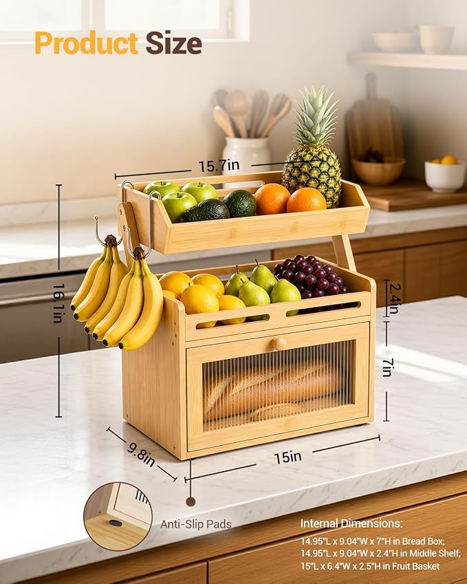Bread Box for Kitchen Countertop, Bamboo Bread Storage Container with Fruit Basket, Clear Door & Magnetic Closure, Raised-Rail Shelves & 2 Banana Hooks, Farmhouse Pantry Organizer