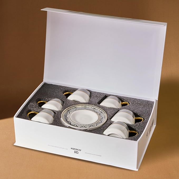 KARACA Globe Turkish Coffee Cup Set of 6, 80ml, 2.7 oz, Small Espresso Cups with Saucers, Porcelain, Black Patterns, and Gold Handles, Ideal for Serving Greek, Arabic Coffee