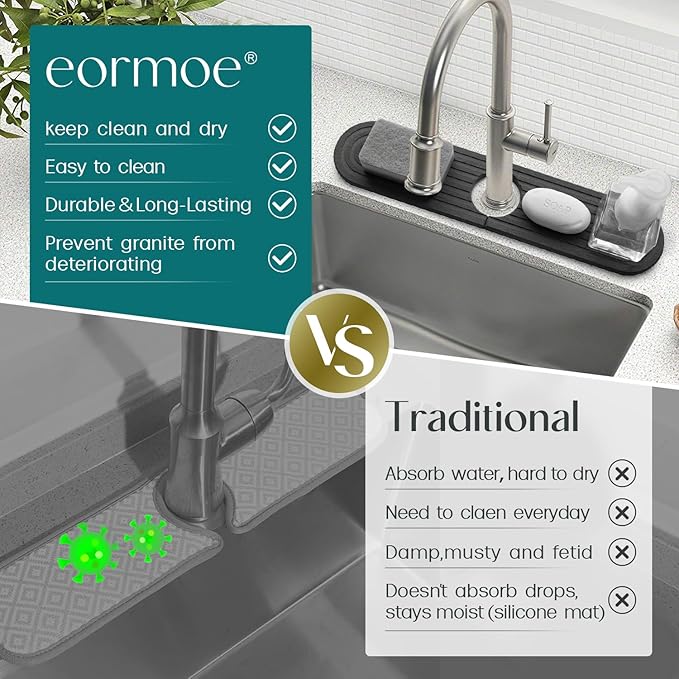 Dreatim Kitchen Faucet Absorbent Mat - Diatomite Stone Sink Tray, Quick Drying, Modern Design - Durable Faucet Drip Mat for Kitchen Sink and Bathroom Counter [17.7" x 3.9", Dark Grey]
