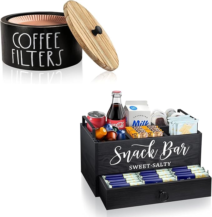 MINCORD Coffee Filter Holder Storage Container Dispenser with Lid & Snack Organizer Snack Basket Snack Tray with Handles for Countertop
