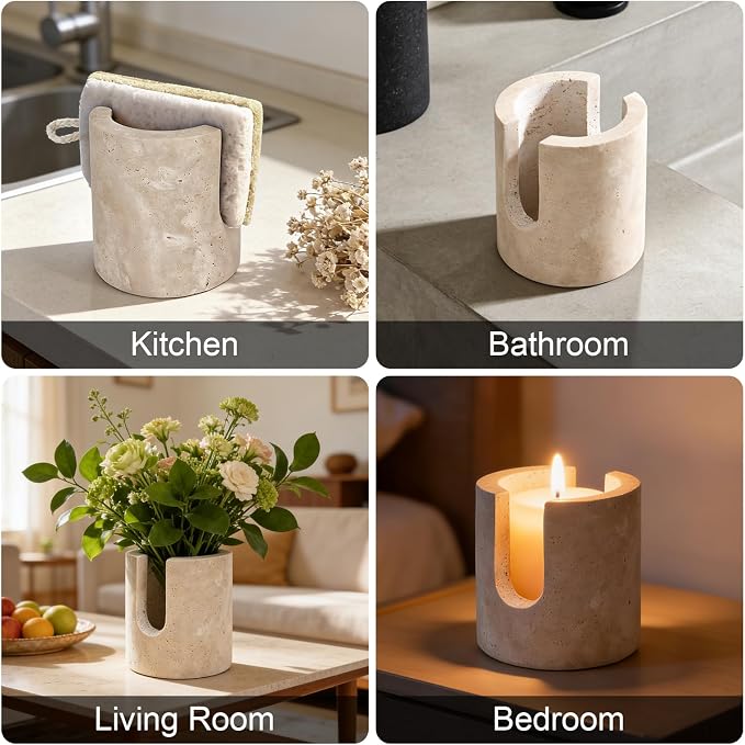 Natural Travertine Sponge Holder for Kitchen Sink Counter w A Plant-Based Kitchen Sponge, Fast Drying, Durable, Compact, Wabi-Sabi & Unique Sponge Caddy, Sink Organizer, Beige Travertine Home Decor