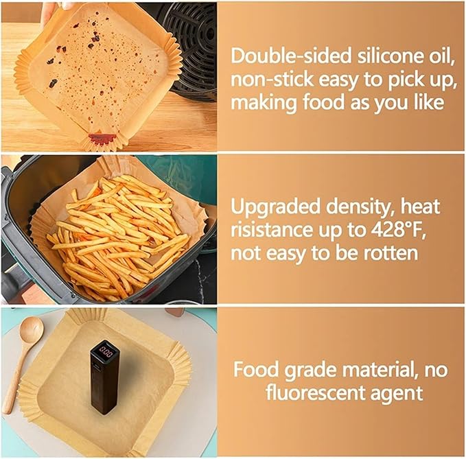 Large Air Fryer Disposable Paper Liners Nonstick 23cm Oven Airfryer Parchment Baking Paper ，Compatible For Ninja，Compatible For COSORI ，Grill Cooking Basket(23cm square,200 Pcs)