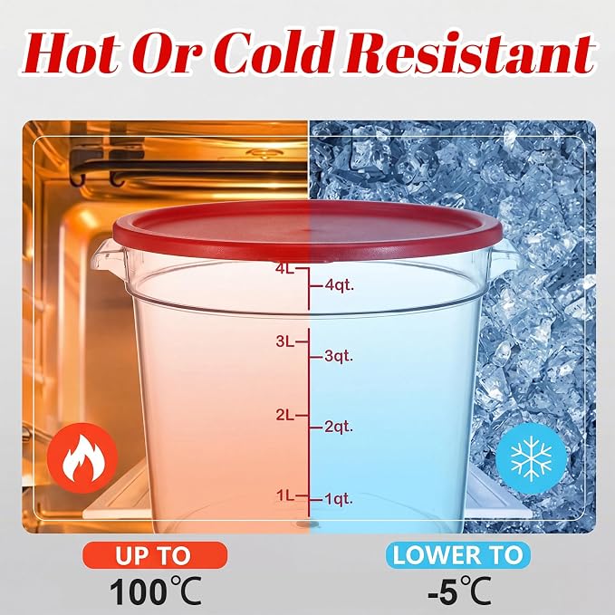 Geetery 4 Pack 4 Quart Round Food Storage Containers with Lids Measurement Markings BPA Free Airtight Kitchen Containers for Pantry Fridge Meal Prep (Red,4 Qt,Round)