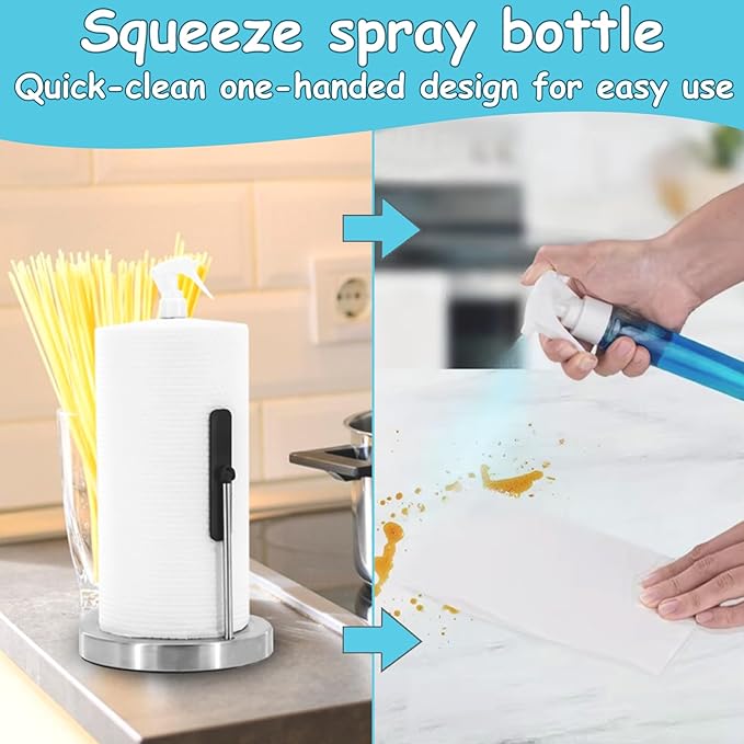 Paper Towel Holder with Spray Bottle, Countertop Kitchen Paper Towel Dispenser, Featuring Spring Arm and Weighted Base for One-Handed Operation (Brushed Nickel)