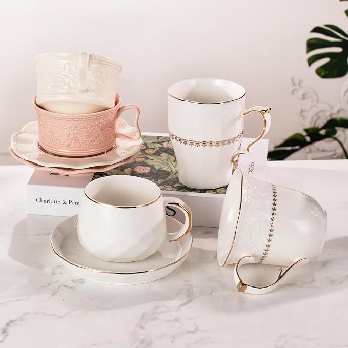 KAMMAK Ceramic Mug Set of 2, 9.8oz Elegant Coffee and Tea Cups, Vintage Breakfast Mugs, Porcelain Cup Ideal for Birthday - Afternoon Tea & Housewarming Gifts (YFH20)