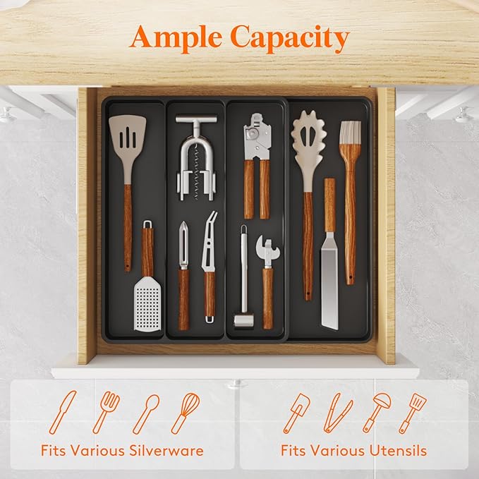 Lifewit Silverware and Cooking Utensil Drawer Organizer Set – Expandable Adjustable Plastic Storage for Cutlery, Flatware, Spoons, Forks, Knives, and Kitchen Tools, BPA-Free, Black