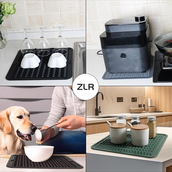 ZLR 2 Pcs Silicone Dish Drying Mat 12" x 12" Square - Small Heat Resistant Trivet & Countertop Protector for Air Fryer, Coffee Maker - Waterproof Kitchen Drain Pad for Cups, Fruit (Black)