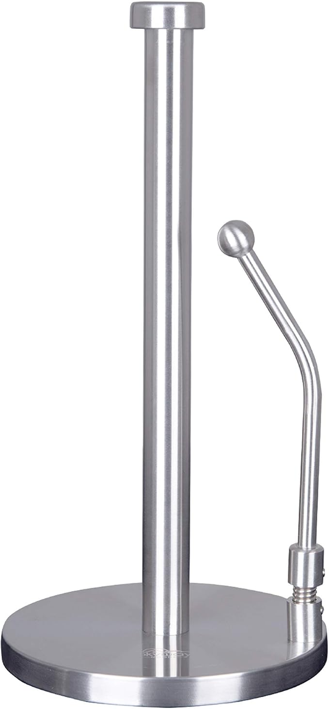 Stainless Steel Paper Towel Holder with Tension Arm – Weighted Countertop Stand, One-Hand Tear, Rust-Proof Full Stainless Steel Construction, Modern Kitchen Roll Holder