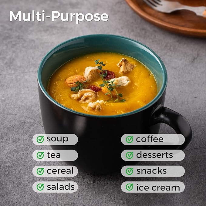 AmorArc 24 oz Soup Mugs with Handles, Jumbo Ceramic Bowls Mugs Set with handles for Coffee Cereal Cappuccino Snacks, Microwave&Dishwasher safe Soup Cups for Meal-Green