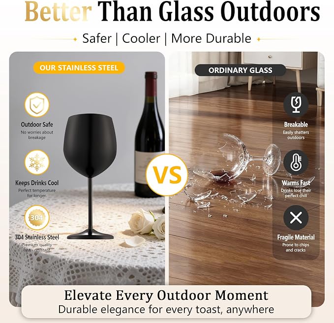 UNISWEET Stainless Steel Wine Glasses Set of 4 Unbreakable Wine Glass 18 oz Unique Metal Wine Goblets for Outdoor, Travel, Camping, Pool, Ideal Gift for Wine Lovers (Matte-Black)