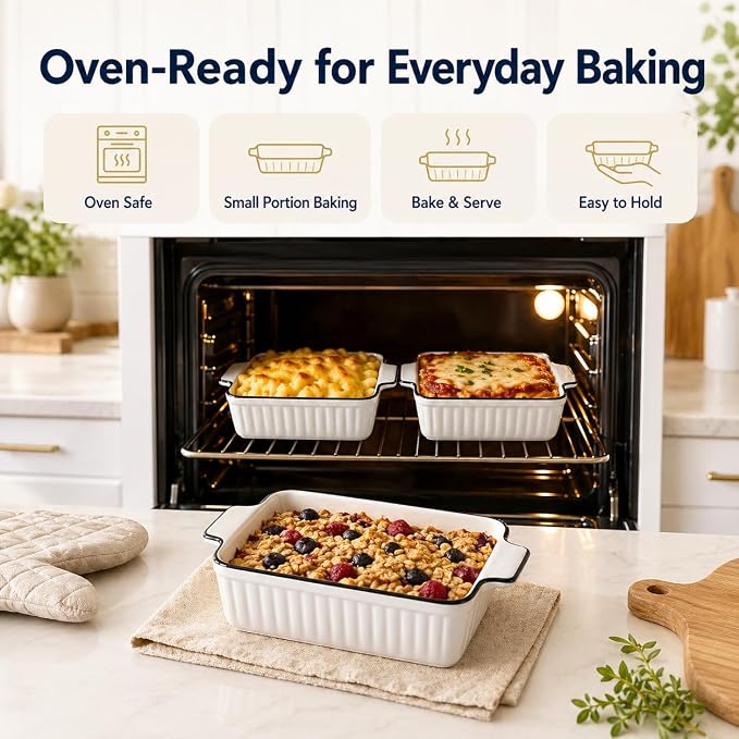 6 Pcs Ceramic Baking Dish, 12 Oz Small Casserole Dish with Handle, Porcelain Bakeware Sets, 5 inch Rectangular Lasagna Pans, Baking Serving Dishes for Casserole, Cakes, Dishwasher Oven Safe
