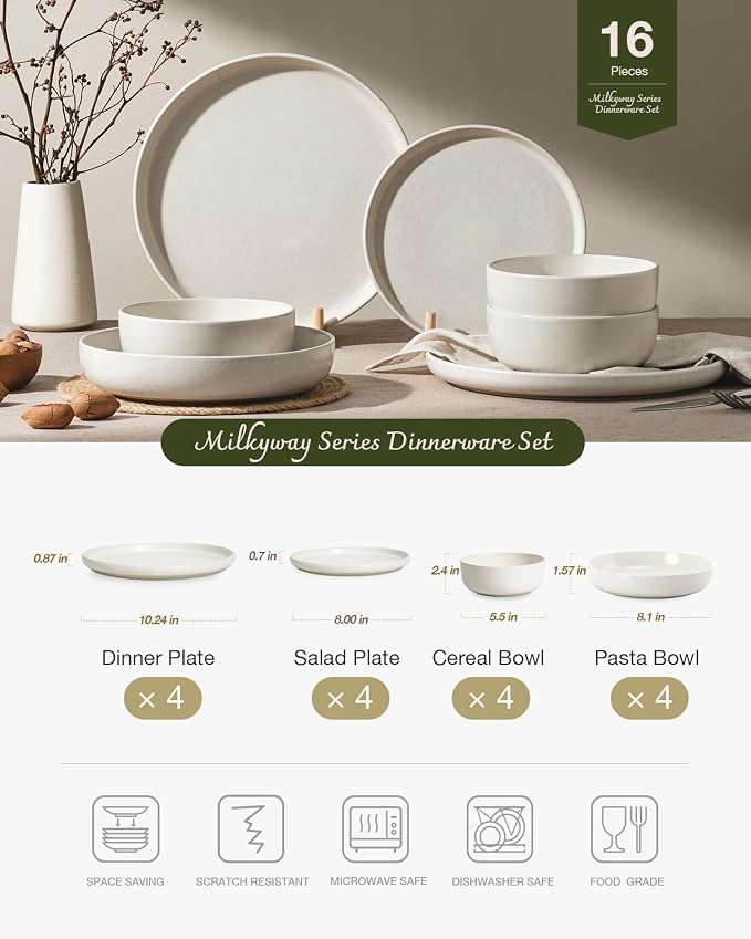Famiware Milkyway Stoneware Dinnerware Sets with Pasta Bowls, Service for 4 (16 Pieces), Reactive Glaze Plates and Bowls Sets, Microwave and Dishwasher Safe Dishes Set, Matte Beige White